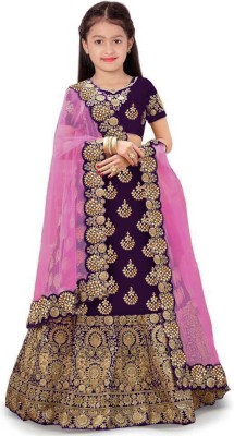 Femisha Creation Girls Lehenga Choli Ethnic Wear Embroidered Lehenga, Choli and Dupatta Set(Purple, Pack of 1)