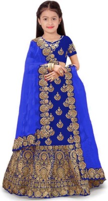 Clothes Shop Girls Lehenga Choli Ethnic Wear Embroidered Lehenga, Choli and Dupatta Set(Blue, Pack of 1)