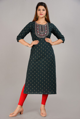 METAFAB Women Embroidered Straight Kurta(Dark Green)