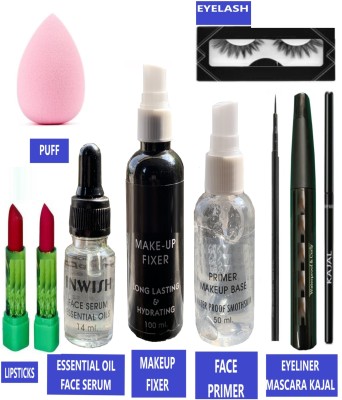 INWISH Best Brand Makeup kit 10 pcs with Eyelashes,Eyeliner,Mascara,Kajal,Makeup Fixer,Face Primer,Essential oil face Serum,Puff,2Lipstick(Pack of 10)