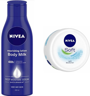 NIVEA Nourishing Body Milk Lotion 200 ml & Soft Light Moisturizer Cream 50 ml (2 Items in the set)(250 ml)