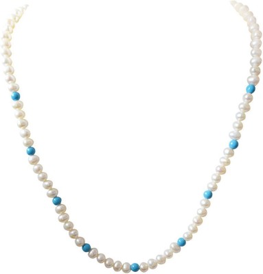 SURAT DIAMONDS Single line Real Freshwater Pearl & Round Blue Turquoise Beads Necklace (SN29) Pearl, Turquoise Metal Necklace