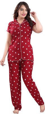 TRINABH Women Printed Maroon Night Suit Set