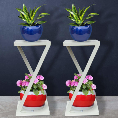 Knotify Double Decker Window Planted Stand 2 Tier Steel Planter Stand-Set of 2, White Plant Container Set(Pack of 2, Metal)