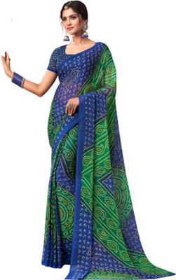 REBOOT FASHIONS Geometric Print Bandhani Chiffon Saree(Green)