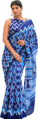 hastshilpi Printed, Color Block, Blocked Printed Daily Wear Pure Cotton Saree(Blue)