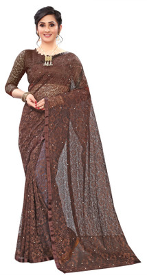 Dream Crushers Solid/Plain Bollywood Net Saree(Brown)