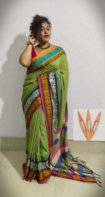 basak Printed, Striped Tant Pure Cotton Saree(Green)