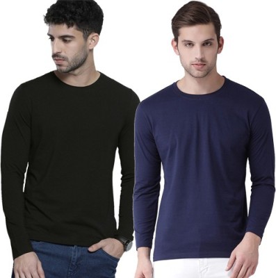 Organic Chics Solid Men Round Neck Dark Blue, Black T-Shirt