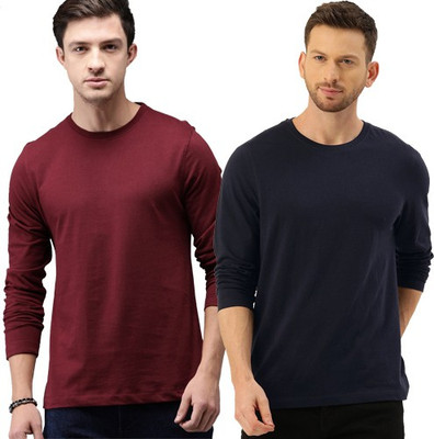 Organic Chics Solid Men Round Neck Dark Blue, Maroon T-Shirt