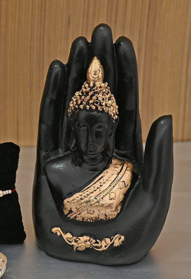 Collectible India Golden Handcrafted Palm Buddha Idol Showpiece - Diwali Decorations Items for Home Office Temple Decorative Showpiece - 16 cm(Polyresin, Black, Gold)