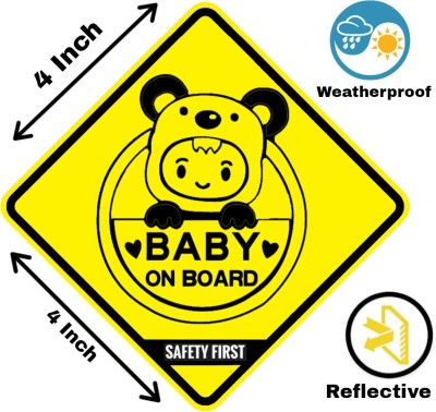 HindK 10.16 cm Vinyl Sticker Pack Of 4 ( 4×4 inch )| SAFETY FIRST BABY ON BOARD STICKERS | Self Adhesive Sticker(Pack of 4)