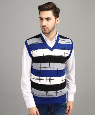 Fit N Fame Striped V Neck Casual Men Blue Sweater