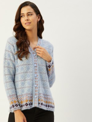 Rivza Self Design V Neck Casual Women Blue Sweater