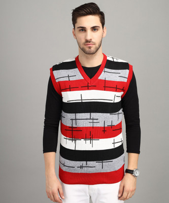 Fit N Fame Striped V Neck Casual Men Red Sweater