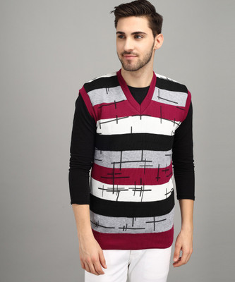Fit N Fame Striped V Neck Casual Men Maroon Sweater