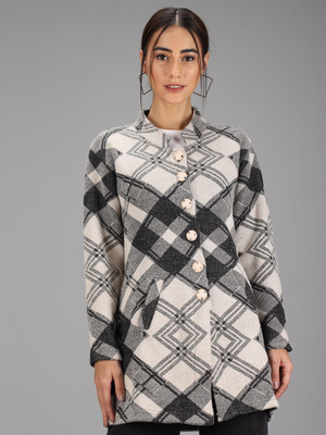 eWools Checkered Collared Neck Casual Women Beige Sweater