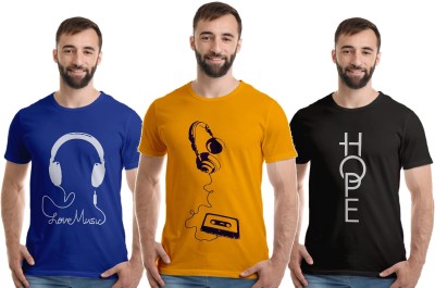 Boodbuck Graphic Print Men Round Neck Light Blue, Gold, Black T-Shirt