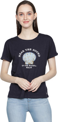 NUEVOSDAMAS Casual Half Sleeve Printed Women Blue Top