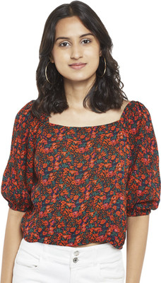 PEOPLE Casual 3/4 Sleeve Printed Women Blue Top