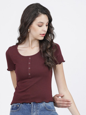 Tokyo Talkies Casual Solid Women Maroon Top