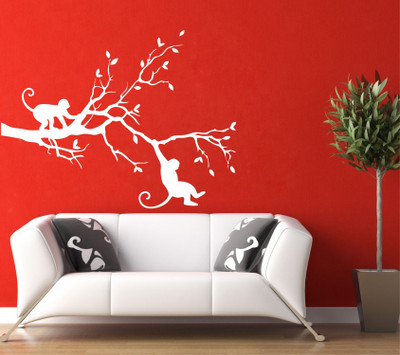 StickerYard 58 cm White Monkeys On Branch Self Adhesive Sticker(Pack of 1)