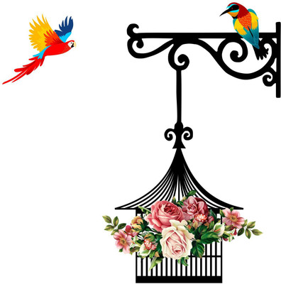 StickerYard 71 cm Colorful Flower Covered Hanging cage with Flying Birds Self Adhesive Sticker(Pack of 1)