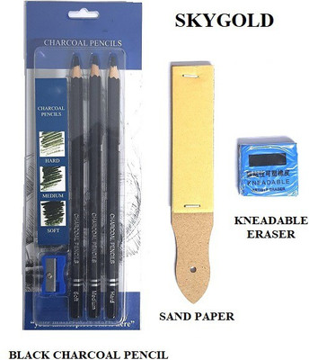 SKYGOLD ARTISTS BLACK CHARCOAL PENCIL SET FOR DRAWING , 1 PC OF SAND PAPER FOR ARTISTS & 1 PC OF KNEADABLE ERASER COMBO SKETCHING KIT FOR ARTISTS
