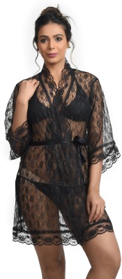 Embrave Women Robe and Lingerie Set(Black)