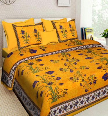 Rajasthani Jaipuri Traditional Print 144 TC Cotton Double Jaipuri Prints Flat Bedsheet(Pack of 1, Royal Blue)
