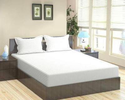 kashi 200 TC Satin Double Striped Flat Bedsheet(Pack of 1, White)