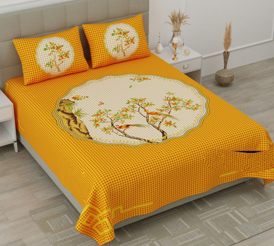 PVB 104 TC Cotton Double Printed Flat Bedsheet(Pack of 1, Yellow)