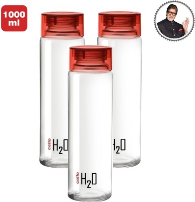 AVAIKSA Cello H2O Sodalime Glass Fridge Water Bottle with Plastic Cap ( Set Of 3 - Red ) 1000 ml Bottle(Pack of 3, Clear, Glass)