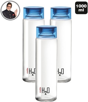 AVAIKSA Cello H2O Sodalime Glass Fridge Water Bottle with Plastic Cap ( Set Of 3 - Blue ) 1000 ml Bottle(Pack of 3, Clear, Glass)