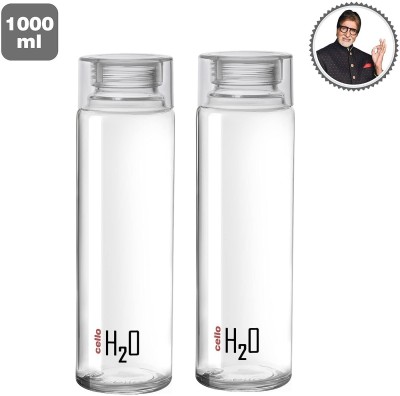 AVAIKSA Cello H2O Sodalime Glass Fridge Water Bottle with Plastic Cap ( Set Of 2 - White ) 1000 ml Bottle(Pack of 2, Clear, Glass)