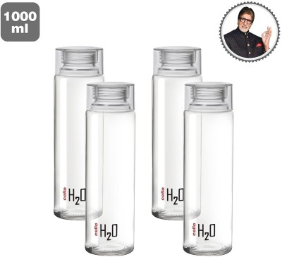 AVAIKSA Cello H2O Sodalime Glass Fridge Water Bottle with Plastic Cap ( Set Of 4 - White ) 1000 ml Bottle(Pack of 4, Clear, Glass)