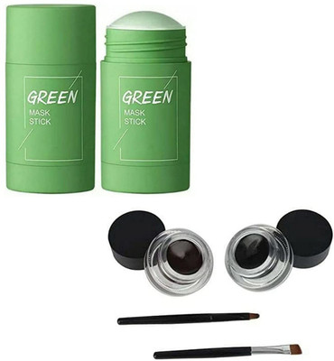 MYEONG Professional Combo Of Green Tea Purifying Clay Stick Mask Oil Control Anti-Acne Eggplant Solid Fine Green Tea Facial Detox Mud Mask And 2 In 1 Gel Eyeliner Brown And Black Kajal(2 Items in the set)