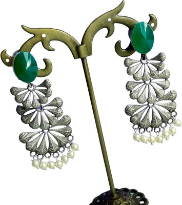 Mrigangi Mrigangi Stylish Fancy Green Stone Oxidised Silver Plated Floral Design Alloy Long Earring for Women and Girls Alloy Drops & Danglers