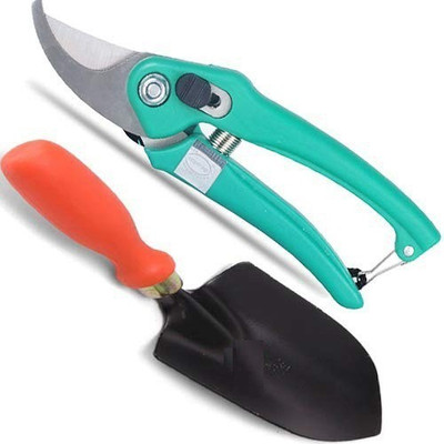 JetFire Garden Scissors Pruning Bypass Secateurs Flower Cutter Branch Trimmer Carbon Steel Blade with Lock Set of 1 + Shovel Garden Spade Tools (Multicolor) Garden Tool Kit(2 Tools)