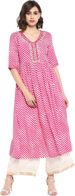 Varanga Women Leheriya A-line Kurta(White, Pink)