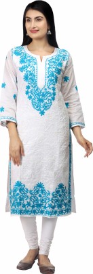 Asper Fashion Women Embroidered Straight Kurta(White, Blue)