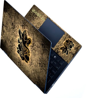 FineArts HD Printed Full Panel Laptop Skin Sticker Vinyl Fits Size Upto 15.6 inches No Residue, Bubble Free - Black Golden Ganesh on Brown Floral Self Adhesive Vinyl Laptop Decal 15.6