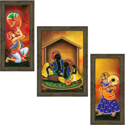 Indianara Set of 3 Folk Artists Framed Art Painting (1084EBY) without glass (6 X 13, 10.2 X 13, 6 X 13 INCH) Digital Reprint 13 inch x 10.2 inch Painting(With Frame, Pack of 3)