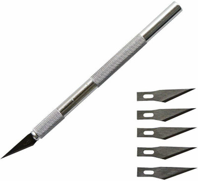 THR3E STROKES Detail Precision Pen Knife with 5 Interchangeable Sharp Blades for Carving & Mat Cutting Paper Cardboard Sheets Thermocol Craft Razor Cutter Blade Art Pencil Metal Grip Hand-held Paper Cutter(Set Of 1, Silver)