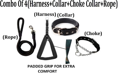 Hachiko Premium Quality Dog Body Belt Harness+Collar+Choke Collar+Rope For All Medium Breed Dogs.(Combo of 4) Dog Harness & Leash(Medium, Black)