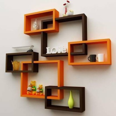 Artesia Wall Mount Set of 6 Intersecting Wall Shelves Wooden Wall Shelf(Number of Shelves - 6, Brown, Orange)