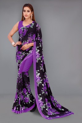 Anand Sarees Floral Print Daily Wear Georgette Saree(Purple, Black)