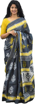Kiaaron Printed Hand Batik Pure Cotton Saree(Grey)