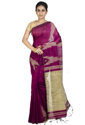 Upama Fabric Self Design Tant Cotton Linen Saree(Purple)