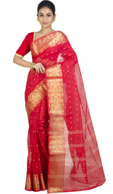 Akash Enterprise Self Design Handloom Handloom Pure Cotton Saree(Red)